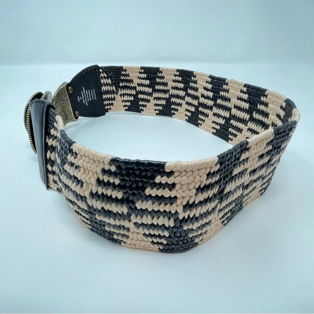 Vintage Wearable Art Boho Brass, Black‎ & Cream Woven & Leather Statement Belt